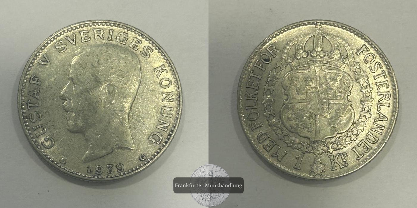  Schweden 1 Krona - Gustaf V 1939 FM-Frankfurt KM#786 Feinsilber: 6,00g   