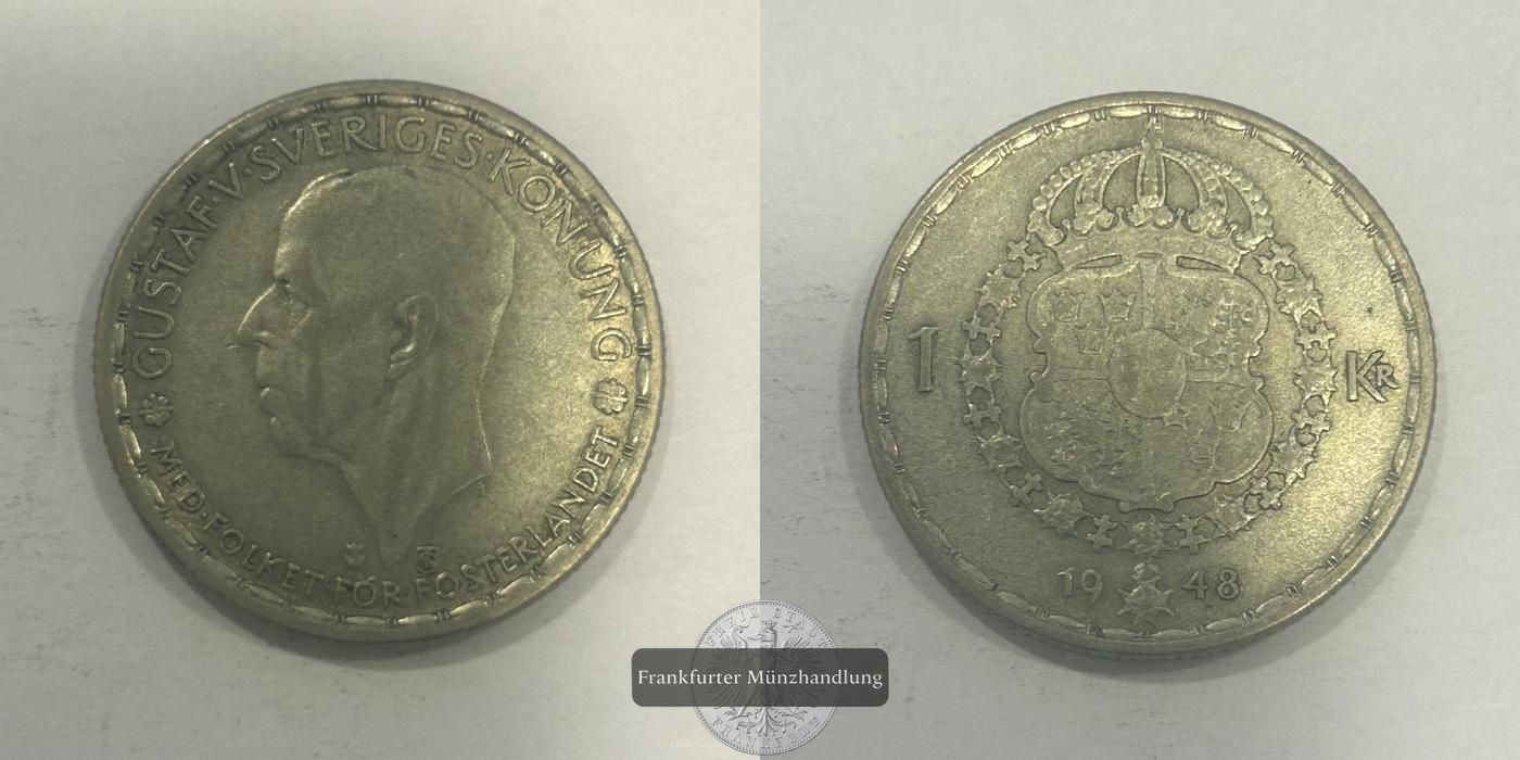  Schweden 1 Krona - Gustaf V 1948 FM-Frankfurt KM#814 Feinsilber: 2,800g   