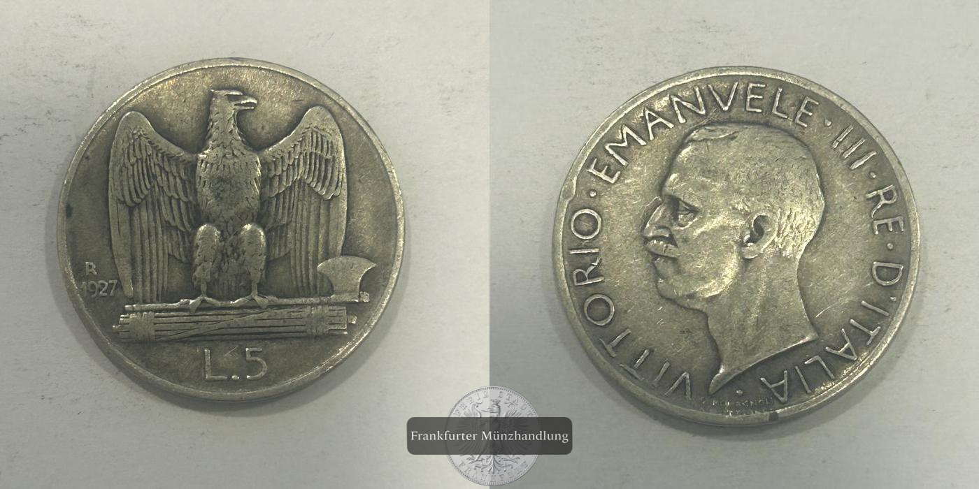  Italien 5 Lire Victor Emmanuel III 1927 (1926-1935) KM#67 FM-Frankfurt Feinsilber: 4,1g   