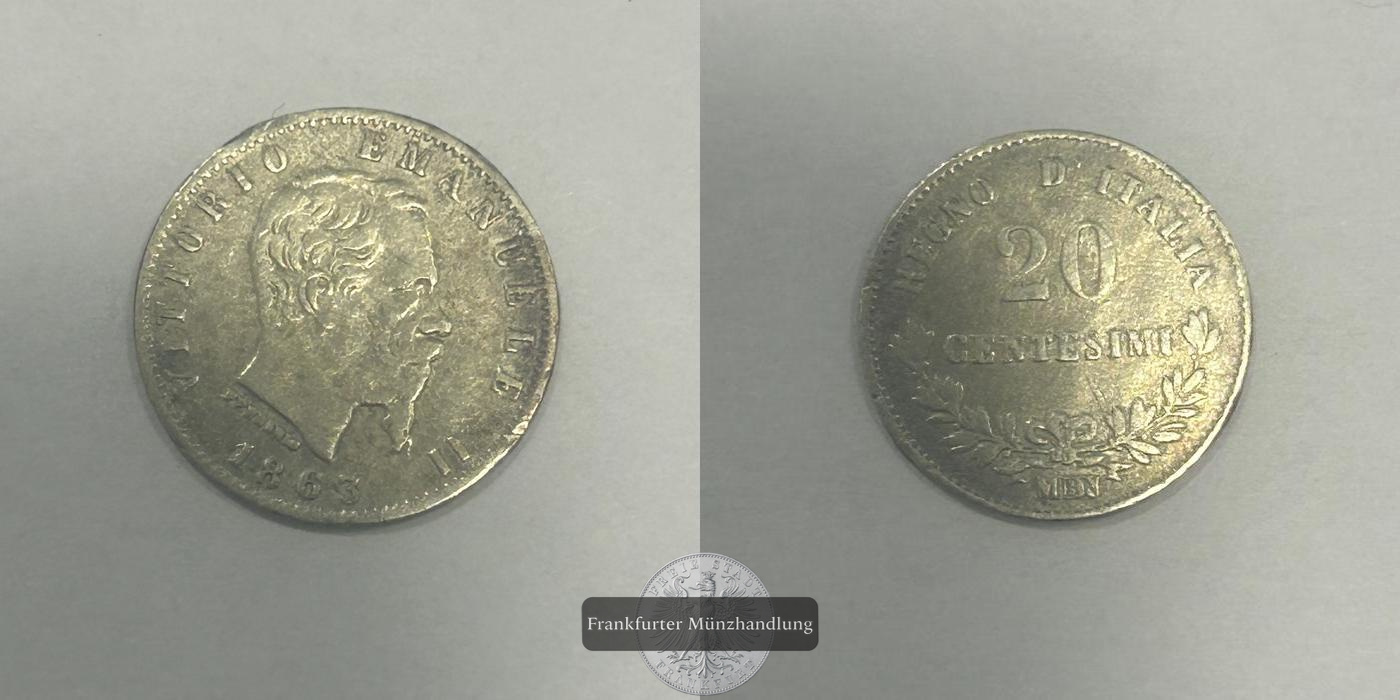  Italien 20 Centesimi - Victor Emmanuel II 1863 FM-Frankfurt KM#13 Feinsilber: 0,835g   