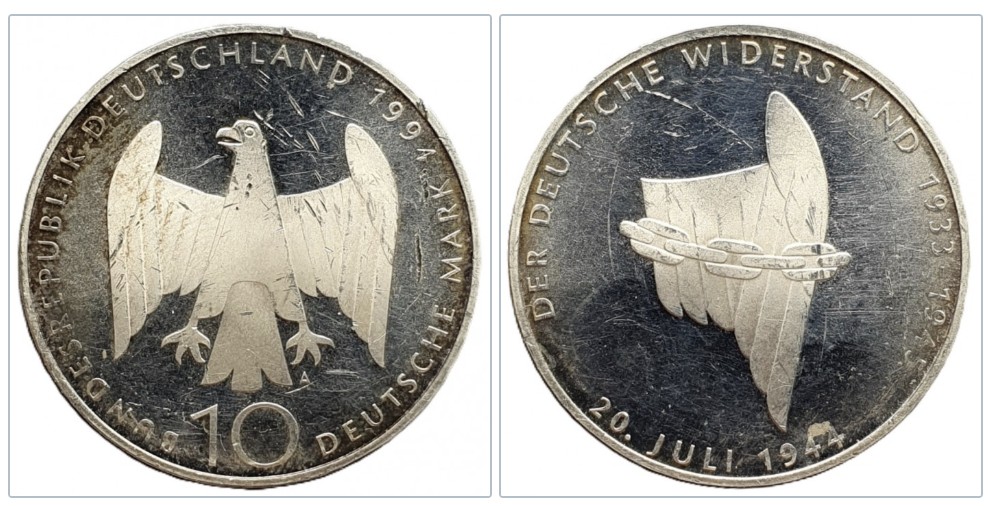  Deutschland 10 Mark, 1994 Der deutsche Widerstand 20. Juli 1944 Silber 9,69g fein   