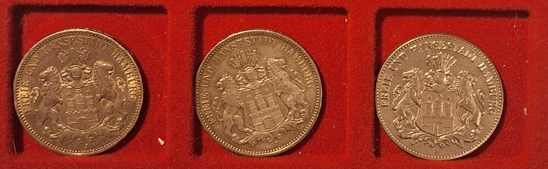  Deutsches Kaiserreich. Lot 3x3 Mark.Freie und Hansestadt Hamburg 1909 bis 1912 Silber   