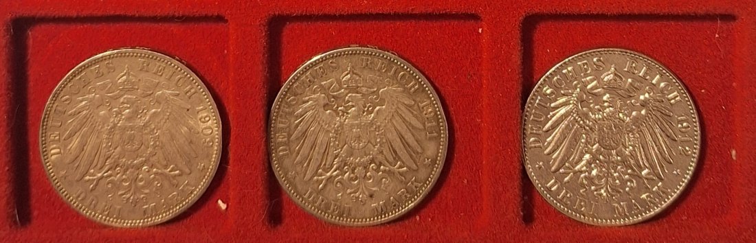  Deutsches Kaiserreich. Lot 3x3 Mark.Freie und Hansestadt Hamburg 1909 bis 1912 Silber   