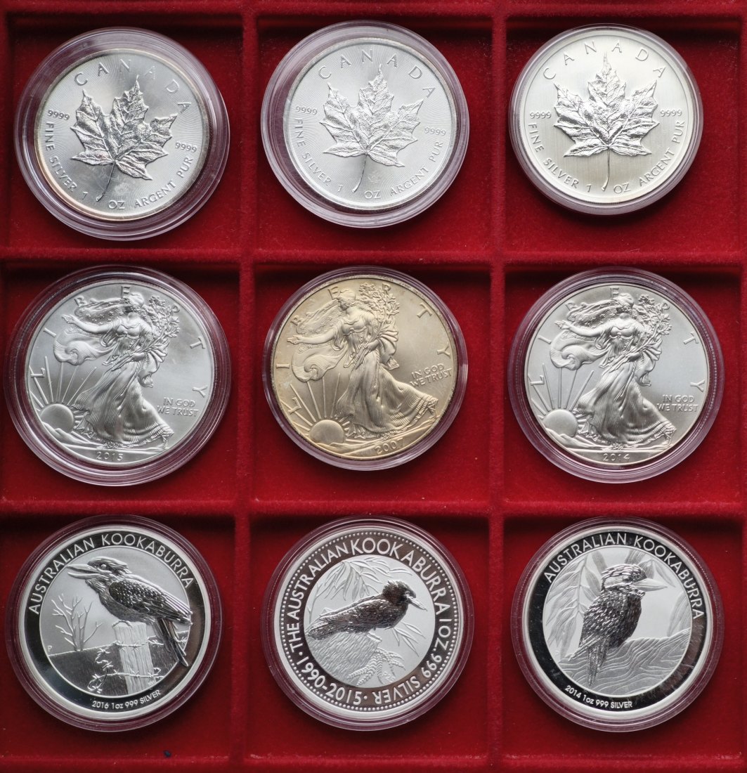  9 oz Silbermünzen Lot - Maple Leaf Silver Eagle Kookaburra 9x 1 Unze Feinsilber   