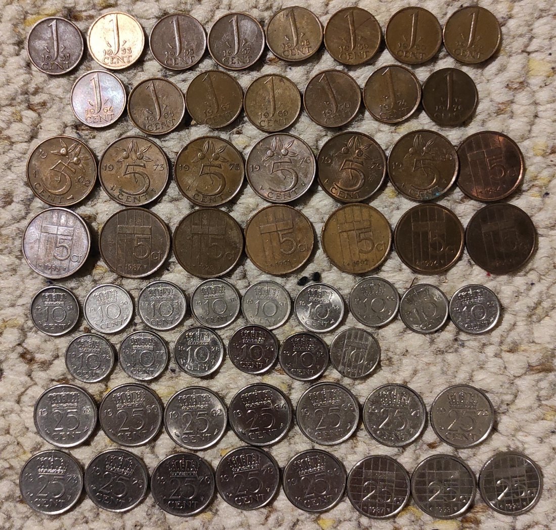 Set 118: Niederlande Münzlot mit 15x1 Cent, 14x5 Cent, 15x10 Cent, 15x25 Cent