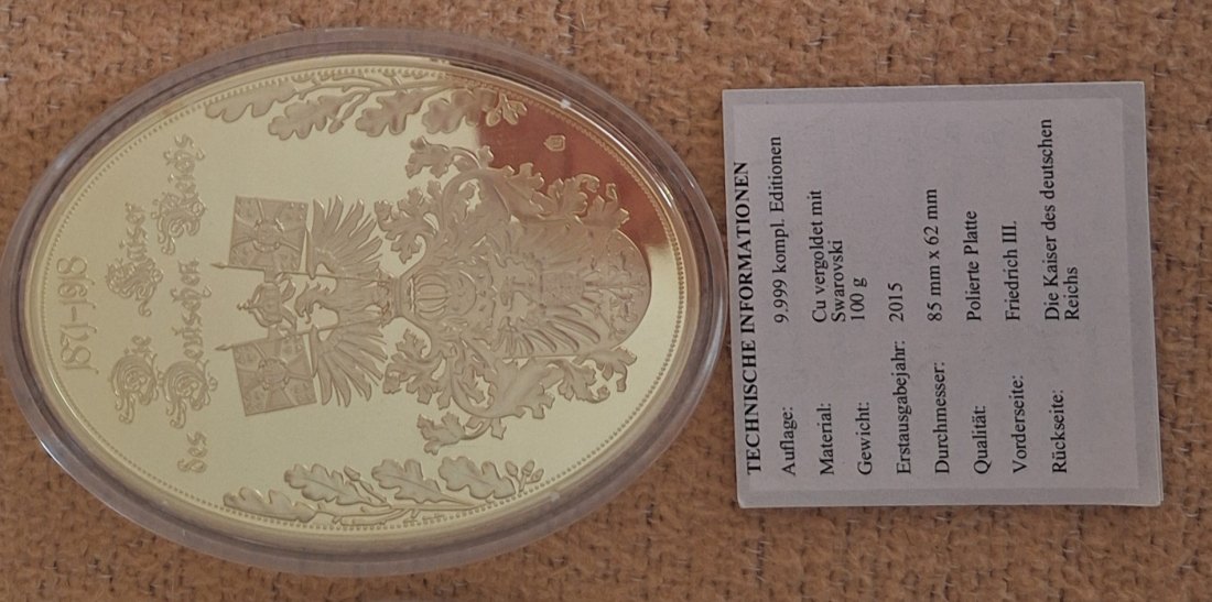  Gigant-Medaille 2015 Kupfer vergoldet mit Svsrovski Die Kaiser des deutschen Reichs ex.9.999   