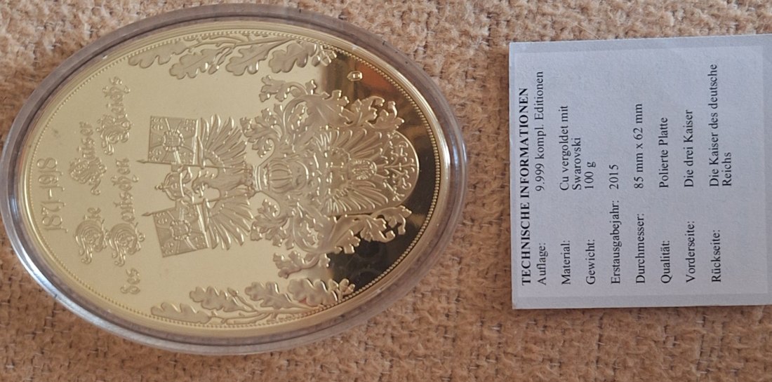  Gigant-Medaille 2015 Kupfer vergoldet mit Svsrovski Die Kaiser des deutschen Reichs ex.9.999   