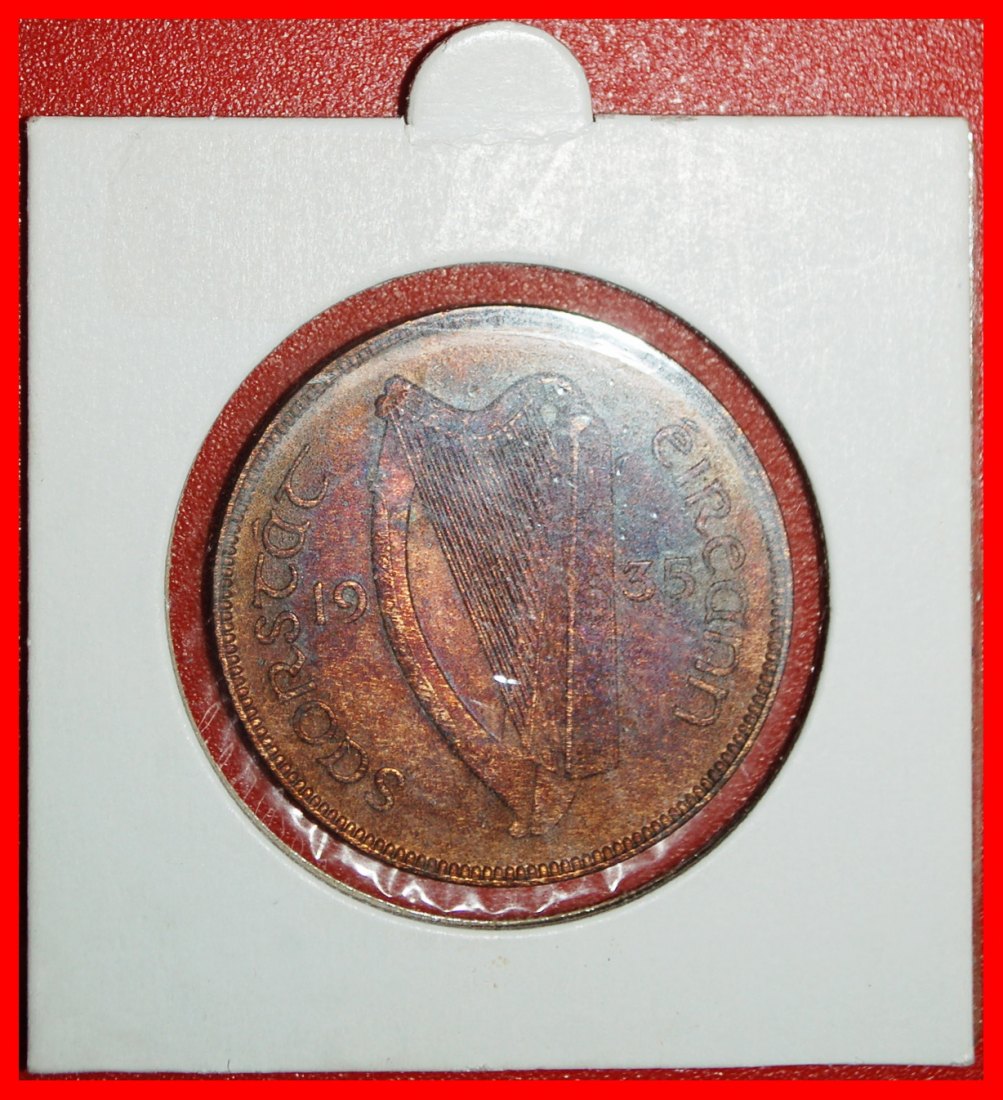 Ⰺ GREAT BRITAIN (1928-1937): IRELAND ★ 1 PENNY 1935 HEN & CHICKS UNC PATINA!★LOW START ★ NO RESERVE!