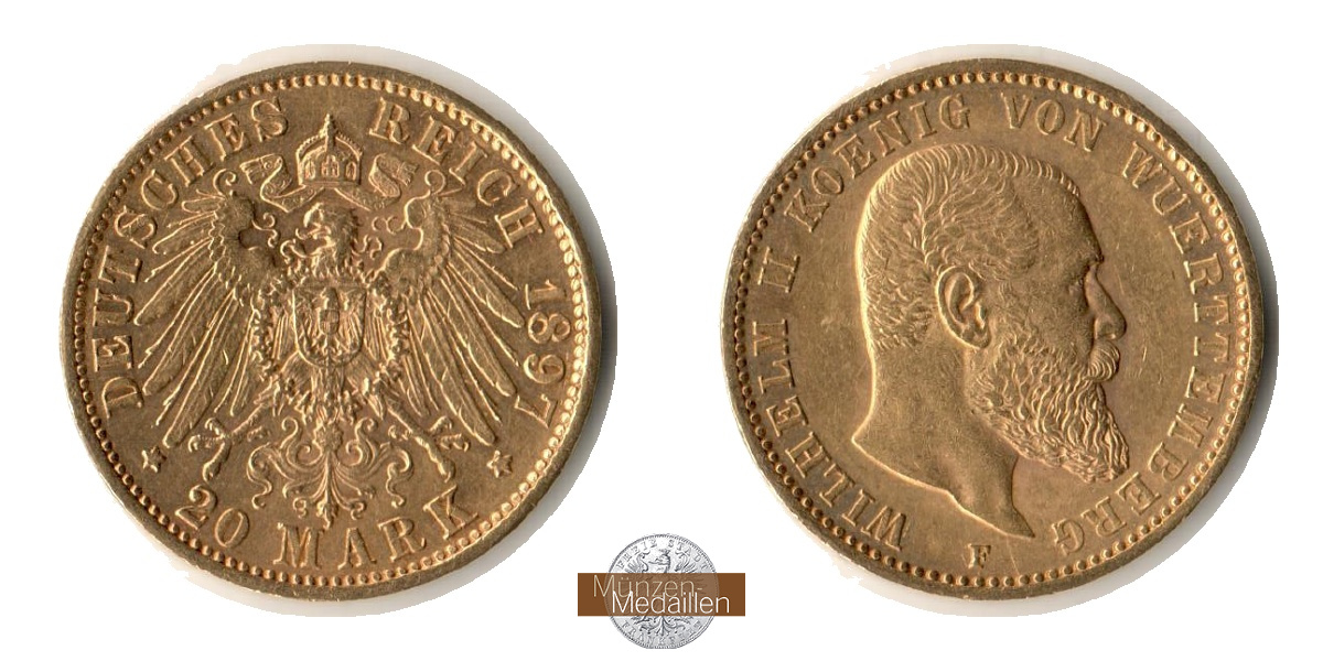 Deutsches Kaiserreich - Württemberg MM-Frankfurt Feingold: 7,17g Wilhelm II., 20 Mark 1897 F 