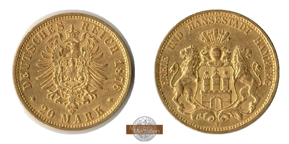 Hamburg, Kaiserreich MM-Frankfurt KM#602 Feingold: 7,17g 20 Mark (1875-1889) 1876 J 