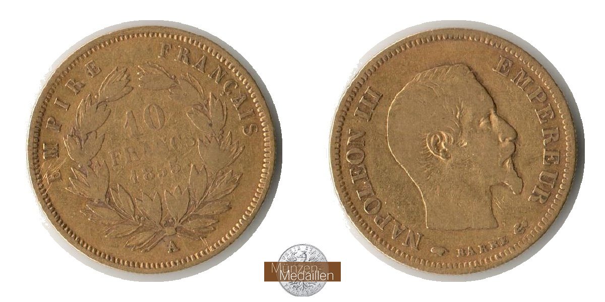 Frankreich MM-Frankfurt KM#784.1 Feingold: 2,9g 10 Francs Napoleon III 1855 A 