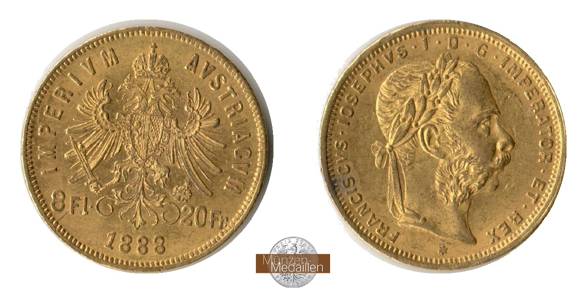 Österreich, Kaiserreich MM-Frankfurt Feingold: 5,81g 8 Florin - 20 Franken 1888 