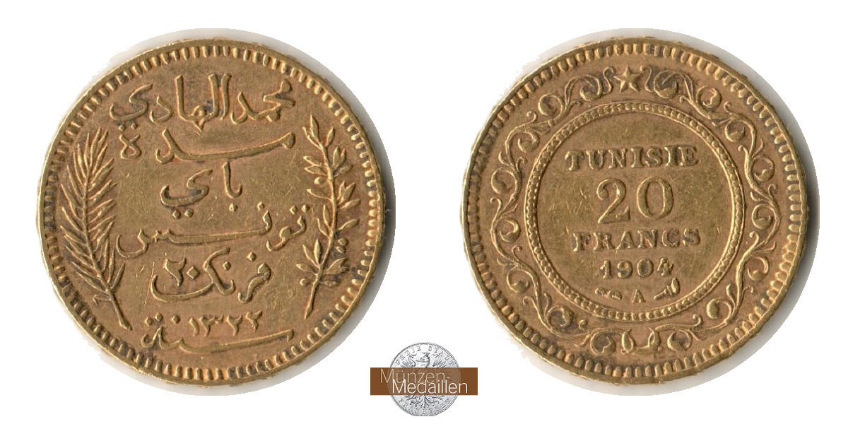 Tunesien (Französisches Protektorat) MM-Frankfurt Feingold: 5,81g 20 Francs Muhammad IV 1904 A 