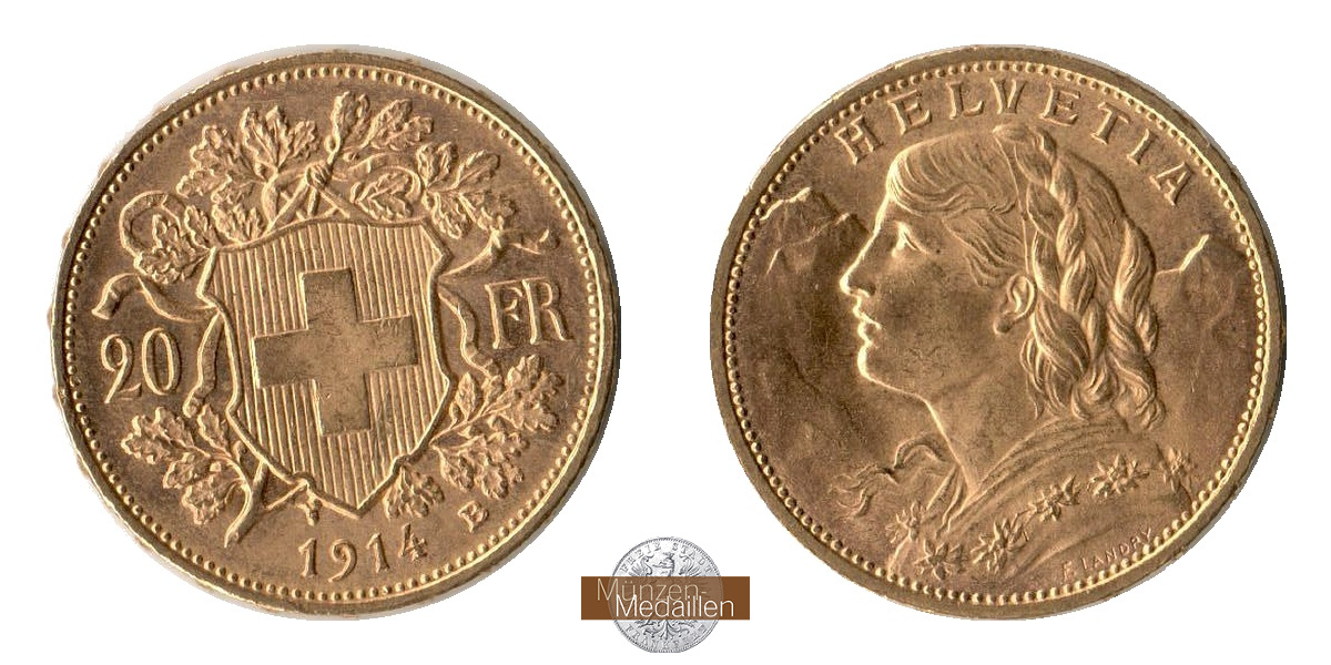 Schweiz  20sFR MM-Frankfurt KM#35.1 Feingold: 5,81g Vreneli 1914 B 