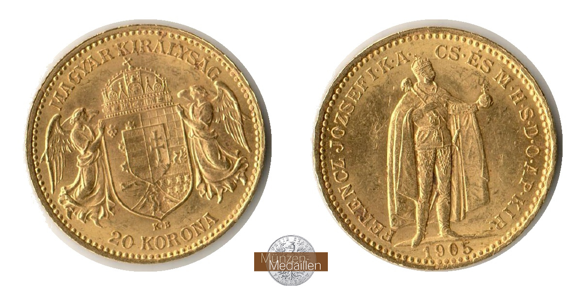 Ungarn, Franz Joseph I. MM-Frankfurt KM#486 Feingold: 6,1g 20 Korona 1905 KB  