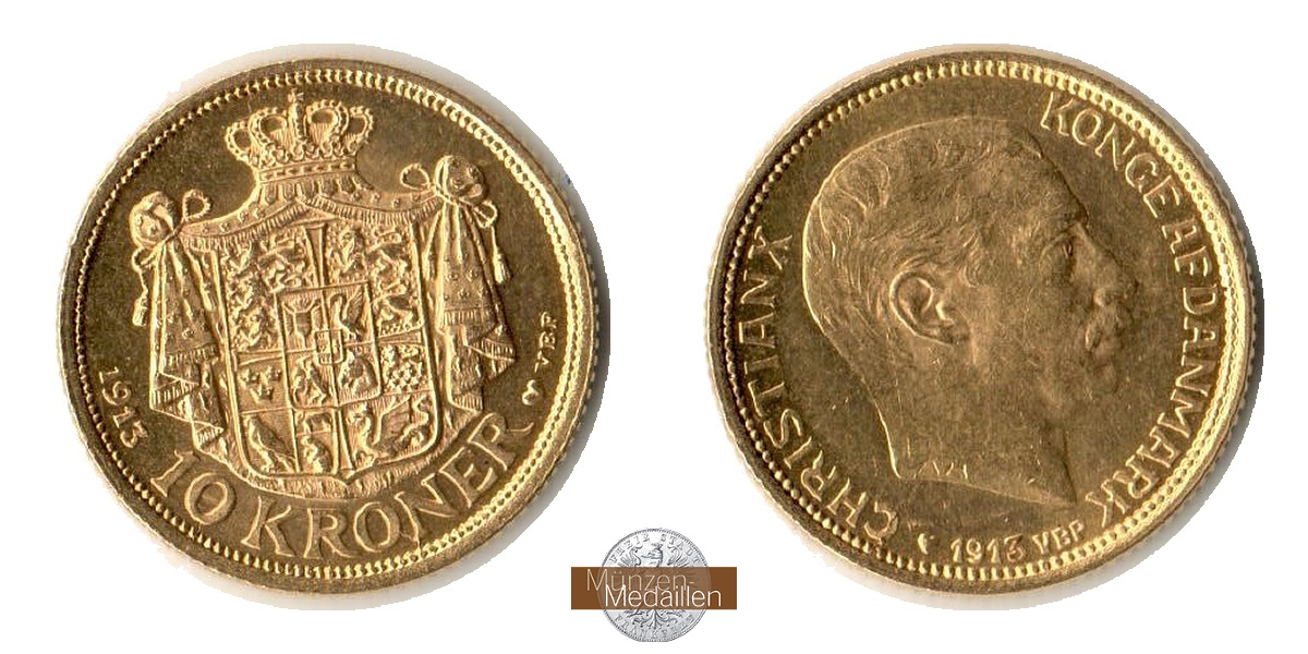 Dänemark, Christian X. (1912-1947) MM-Frankfurt Feingewicht: 4,03g 10 Kroner 1913 VBP 