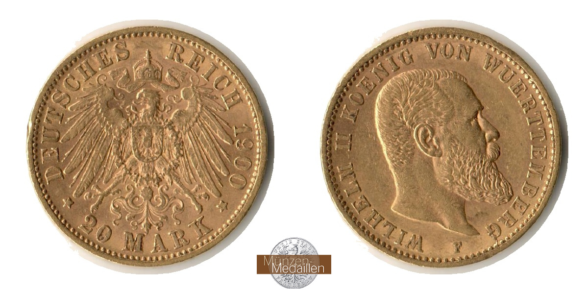 Dt. Kaiserreich. Württemberg, Wilhelm II MM-Frankfurt Feingold: 7,17g 20 Mark 1900 F 