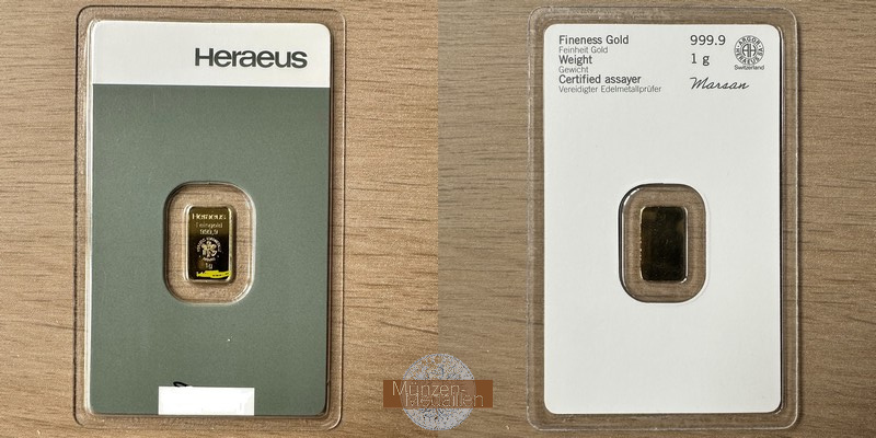 Schweiz. 1g Goldbarren MM-Frankfurt Feingold: 1g Argor Heraeus Suisse  