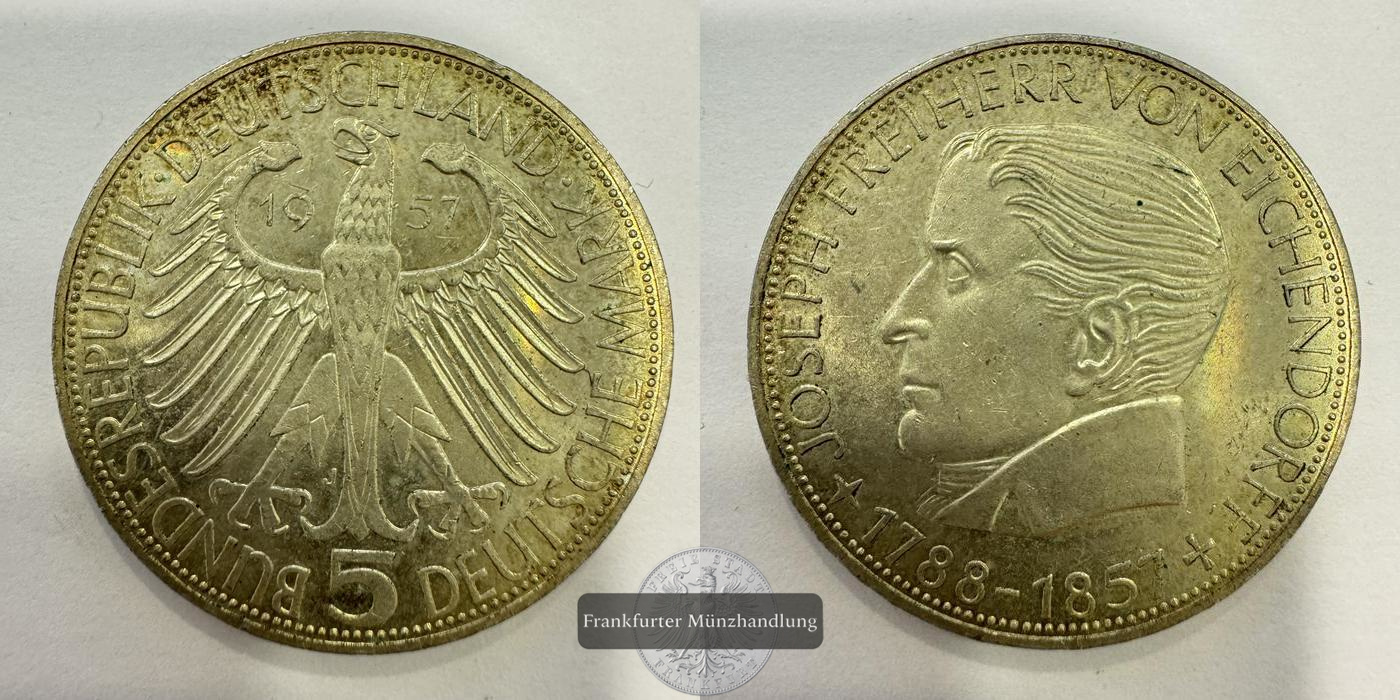  Deutschland 5 Mark 1957 J Joseph Freiherr von Eichendorff FM-Frankfurt KM#117 Feinsilber: 7g   
