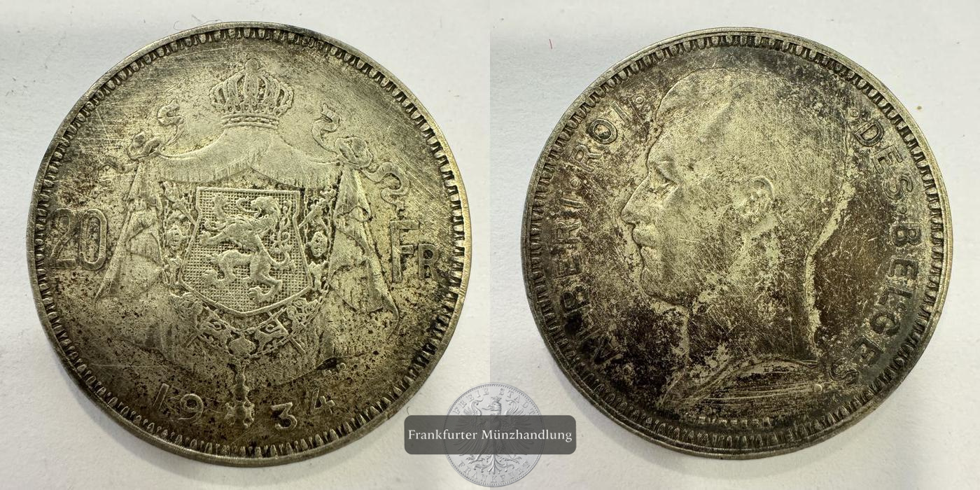  Belgien  20 Francs   1934    Albert    FM-Frankfurt KM#103 Feinsilber: 7,48g   
