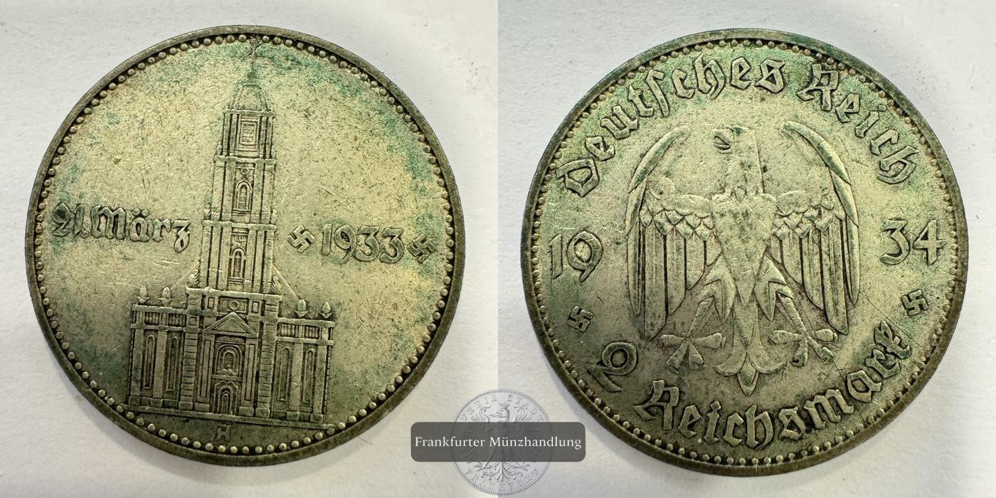  Dt. Reich 2 Reichsmark 1934 'A' Garnisonkirche Potsdam FM-Frankfurt KM#81 Feinsilber: 5g   