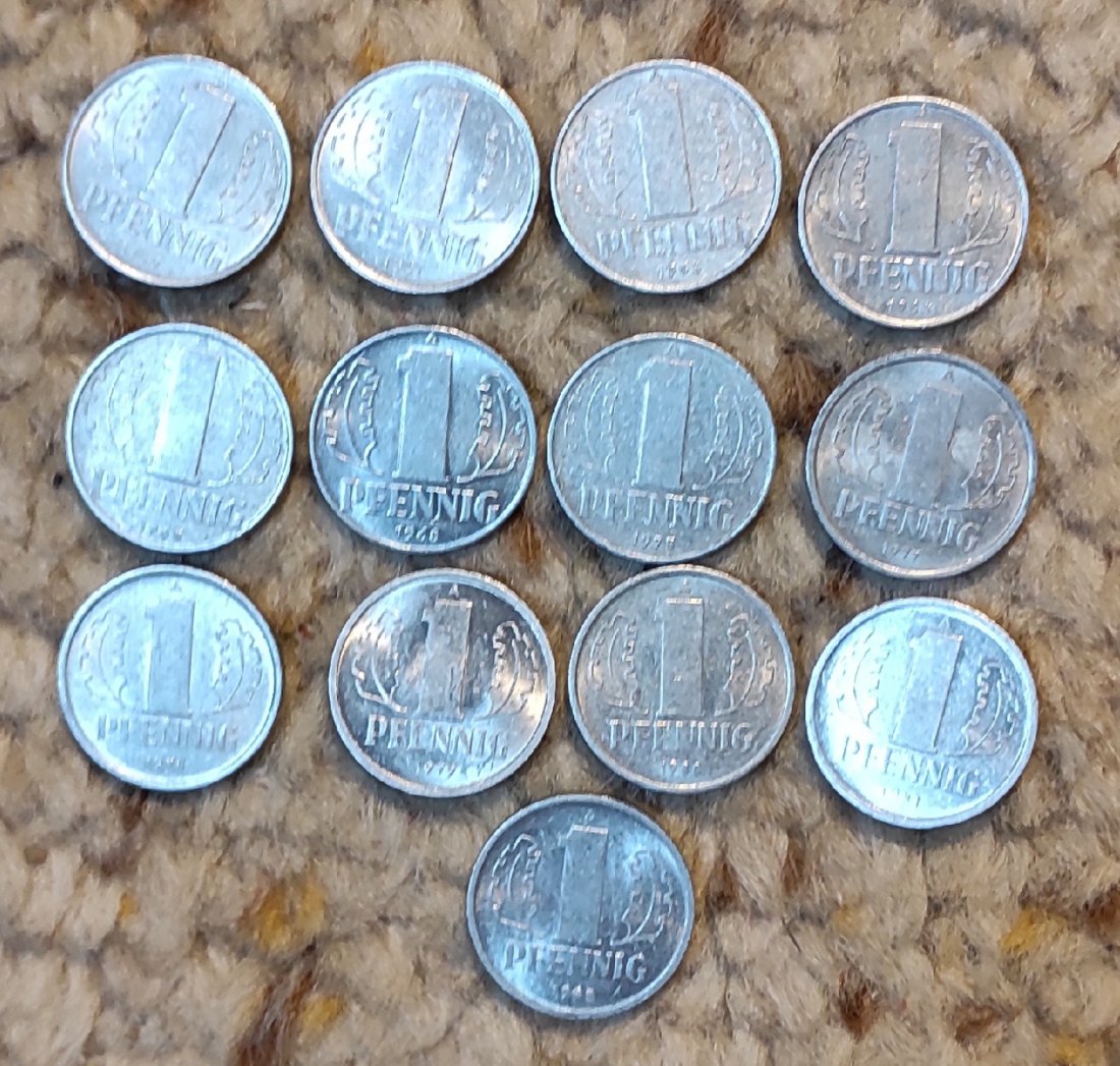  Set 004: DDR 1 Pfennig x 13 verschiedene Jahrgänge   