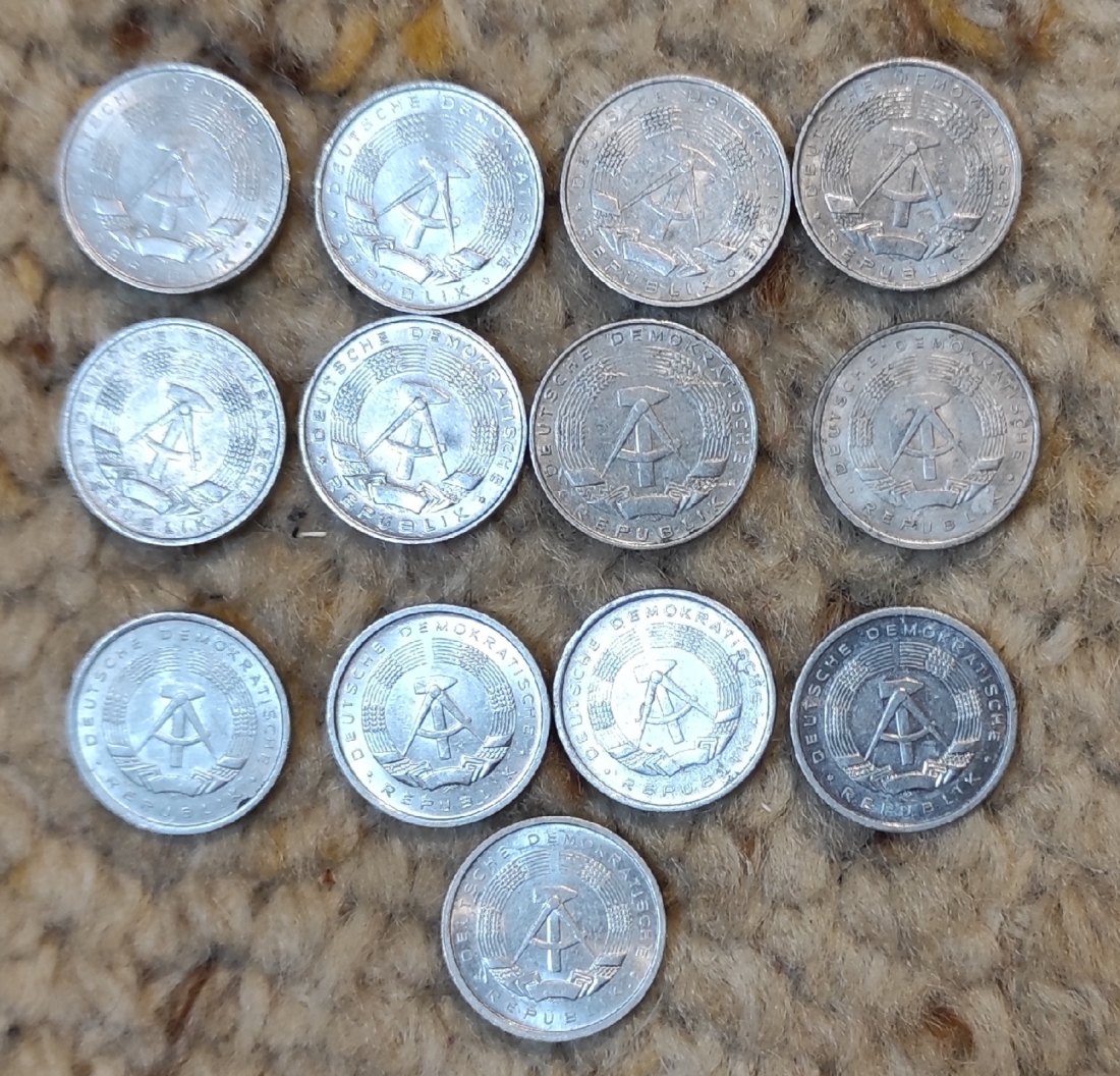  Set 004: DDR 1 Pfennig x 13 verschiedene Jahrgänge   