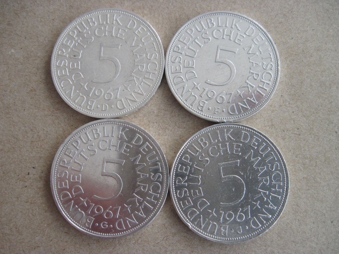 4 x 5 DM Münzen 1967 D F G J alte deutsche Mark , Silberadler