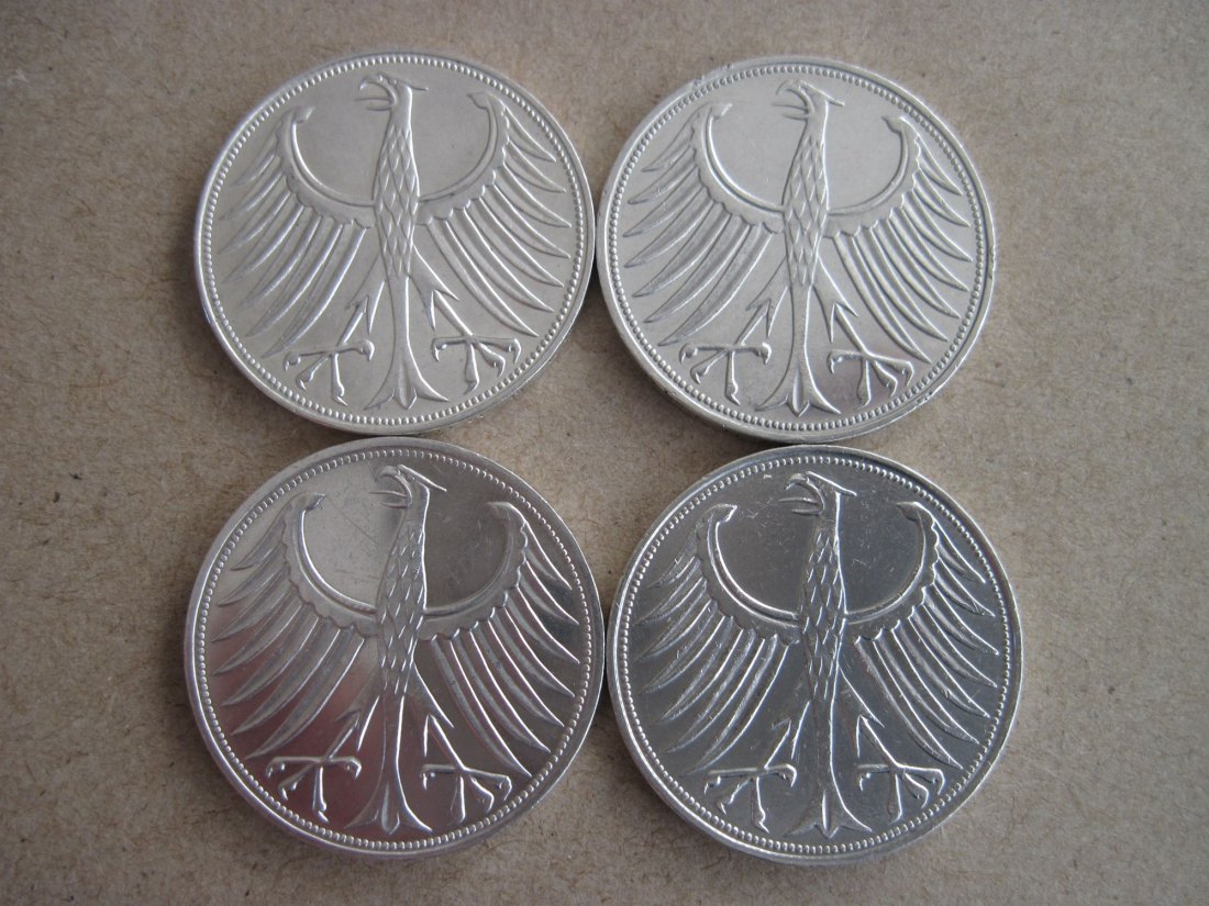  4 x 5 DM Münzen 1967 D F G J alte deutsche Mark , Silberadler   