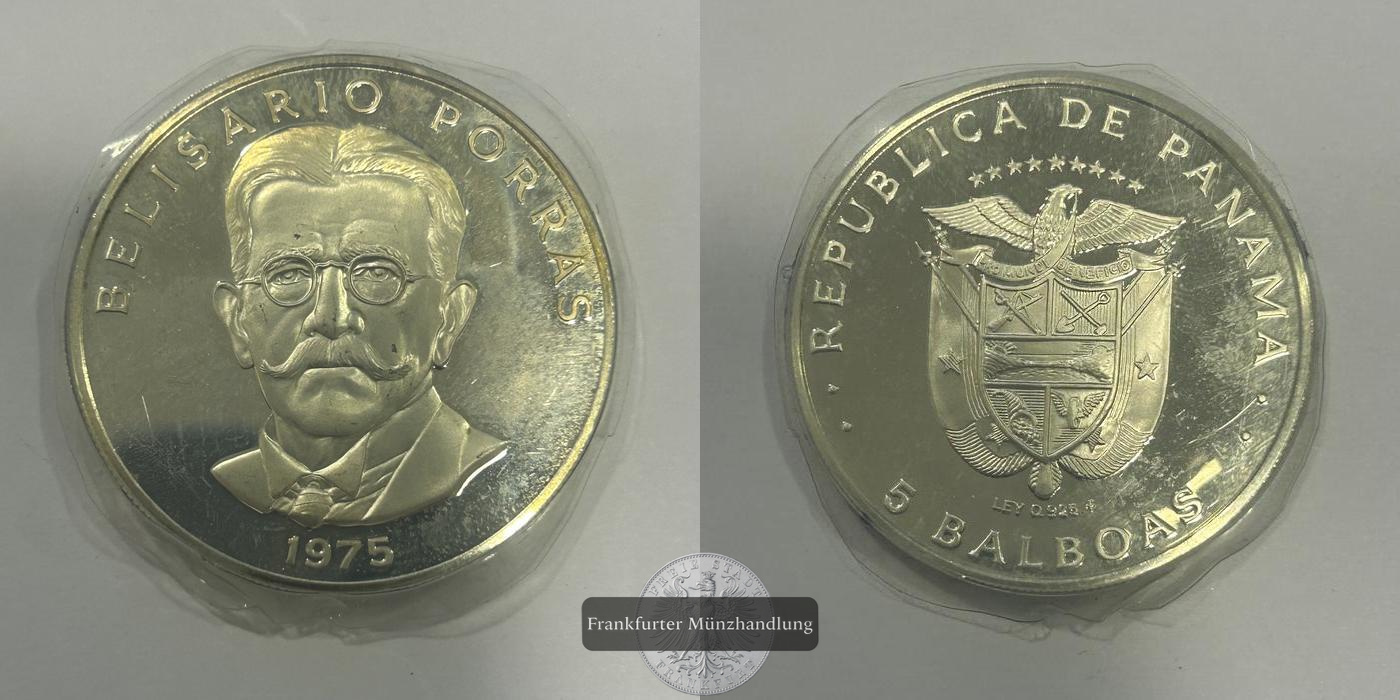  Panama 5 Balboas (Belisario Porras; Silver) 1975 FM-Frankfurt KM#40 Feinsilber: 32,49g   