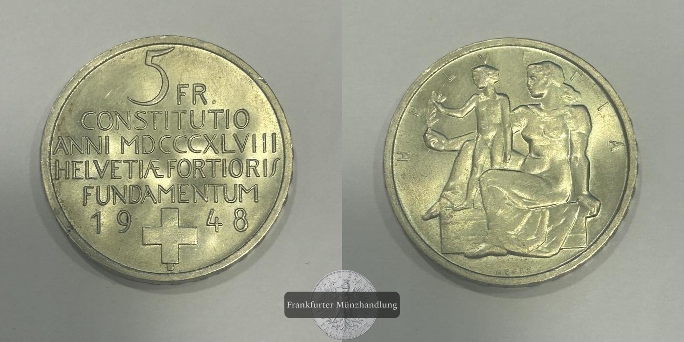  Schweiz 5 Francs (Constitution; silver) 1948 FM-Frankfurt Feinsilber: 12,525g   