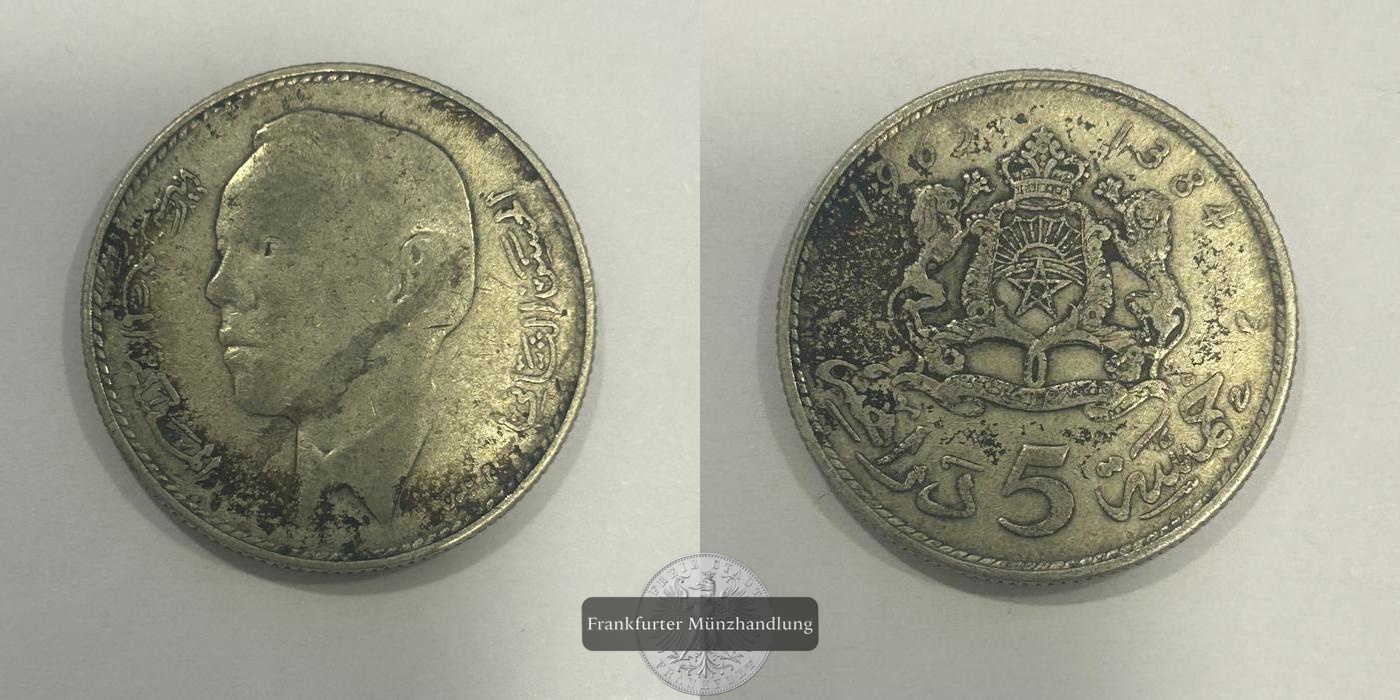  Marokko, Hassan II. (1st portrait-Trial). 5 Dirhams 1384 AH.  FM-Frankfurt KM#E46 Feinsilber: 8,46g   
