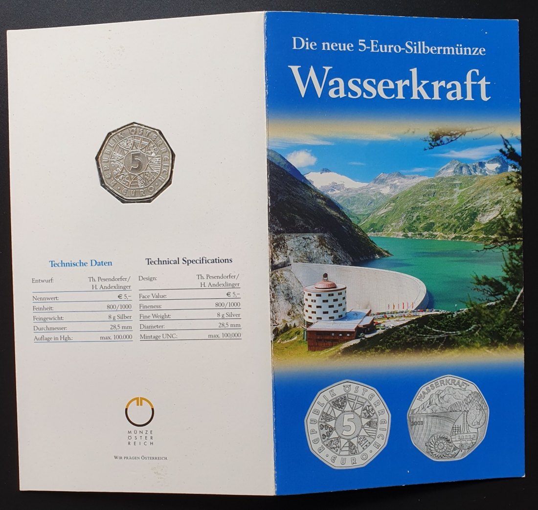 Österreich 5 Euro Silbermünze 2003 Wasserkraft im Sammelblister Silber 8g fein