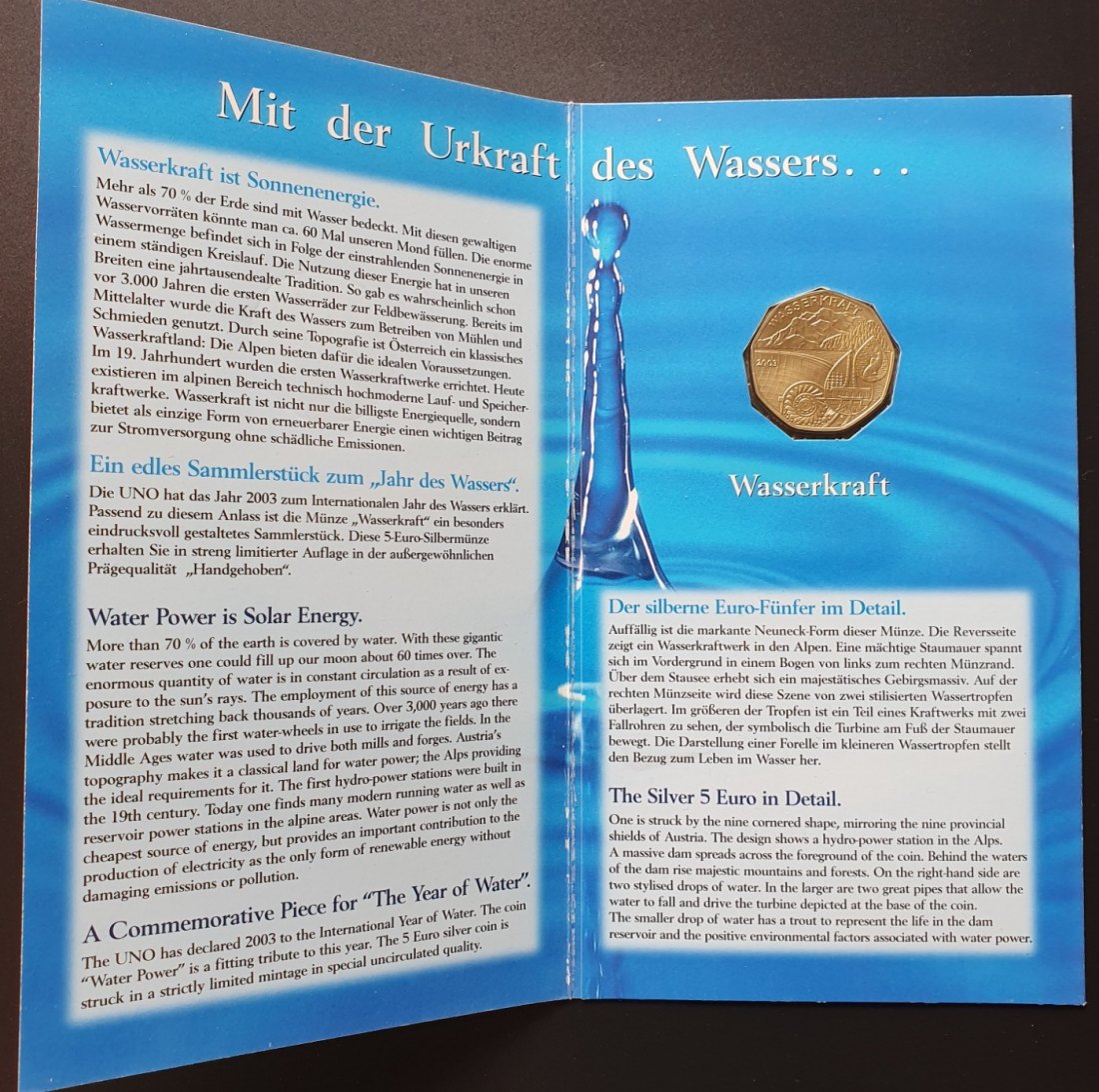  Österreich 5 Euro Silbermünze 2003 Wasserkraft im Sammelblister Silber 8g fein   