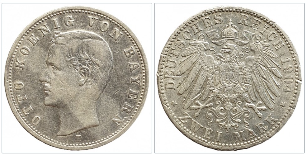  Deutsches Kaiserreich Bayern 2 Mark 1904 Otto König von Bayern Silber ca. 10g fein   