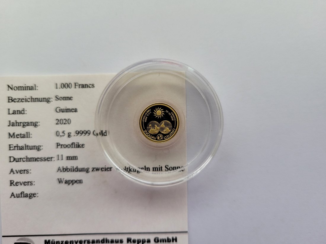  1000 Francs 2020 Sonne Unified Nation Goldmünze 0,5g 9999 Guinea Spittalgold9800 (5525   