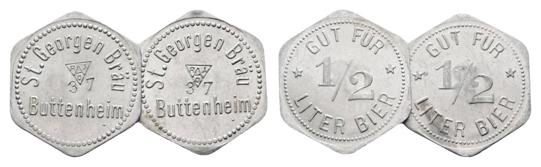  Bayern; Buttenheim St. Georgen Bräu; Gut für 1/2 Liter Bier; Menzel 4111 (2 Stück)   
