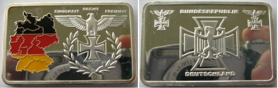 Silver Bar – German Colored Map, Iron Cross Eagle,  Gold Plated,  Replica   