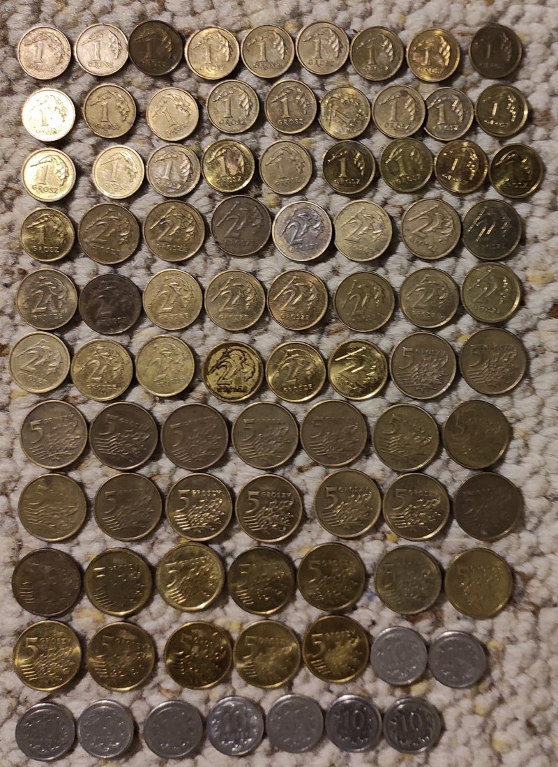  Polen großes Münzlot mit 27x1 Grosz, 21x2 Grosze, 26x5 Groszy, 9x10 Groszy   