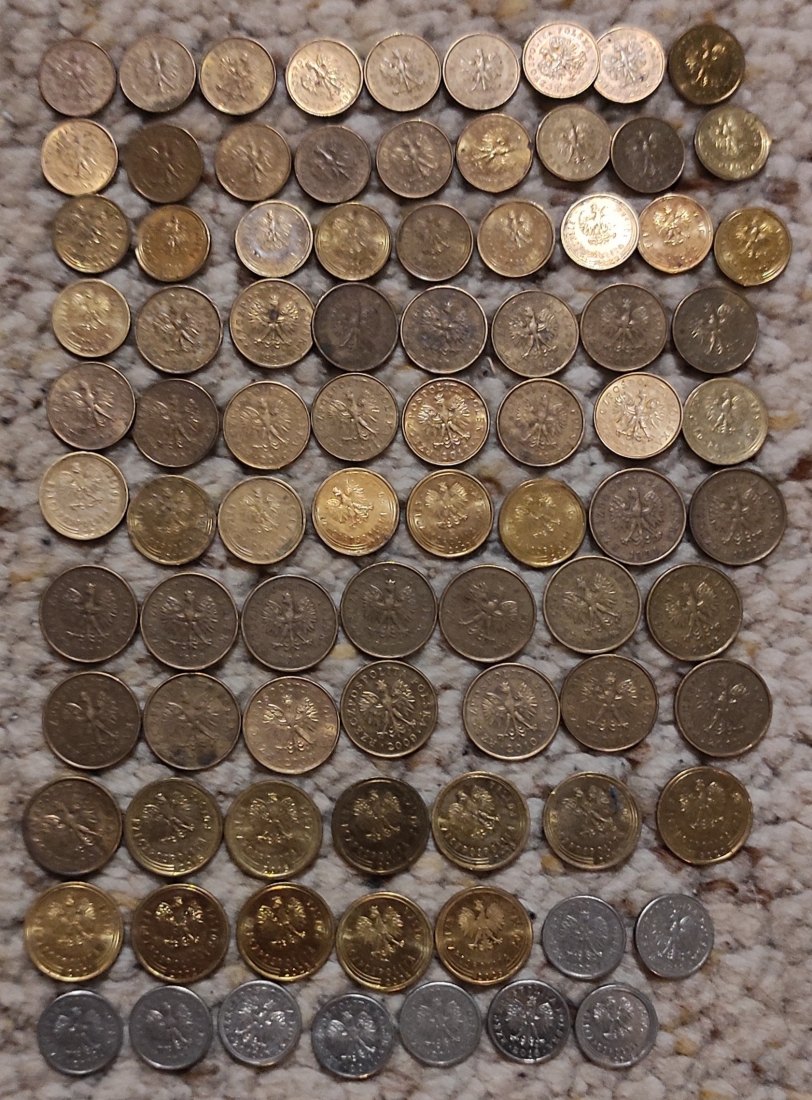  Polen großes Münzlot mit 27x1 Grosz, 21x2 Grosze, 26x5 Groszy, 9x10 Groszy   