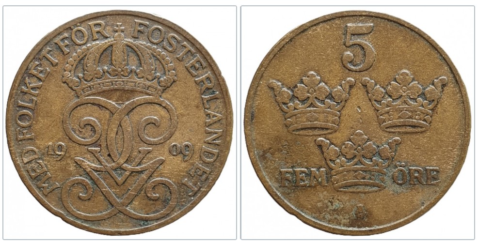  Schweden  5 Öre, 1909 Kleines Kreuz auf gekröntem Monogramm   