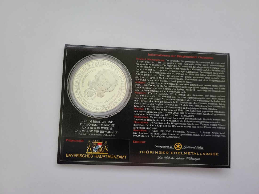  Silbermedaille 2013 Bürgermünze Germania Schiller 1 Oz 999 Deutschland Spittalgold9800 (5455   