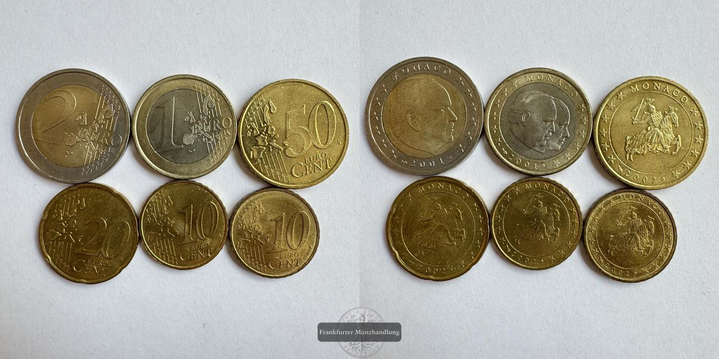  Monaco KSM-Satz 2x 10, 20, 50 Cent & 1, 2 Euro 2001-'02 FM-Frankfurt Nominal ges.: 2,90 Euro   