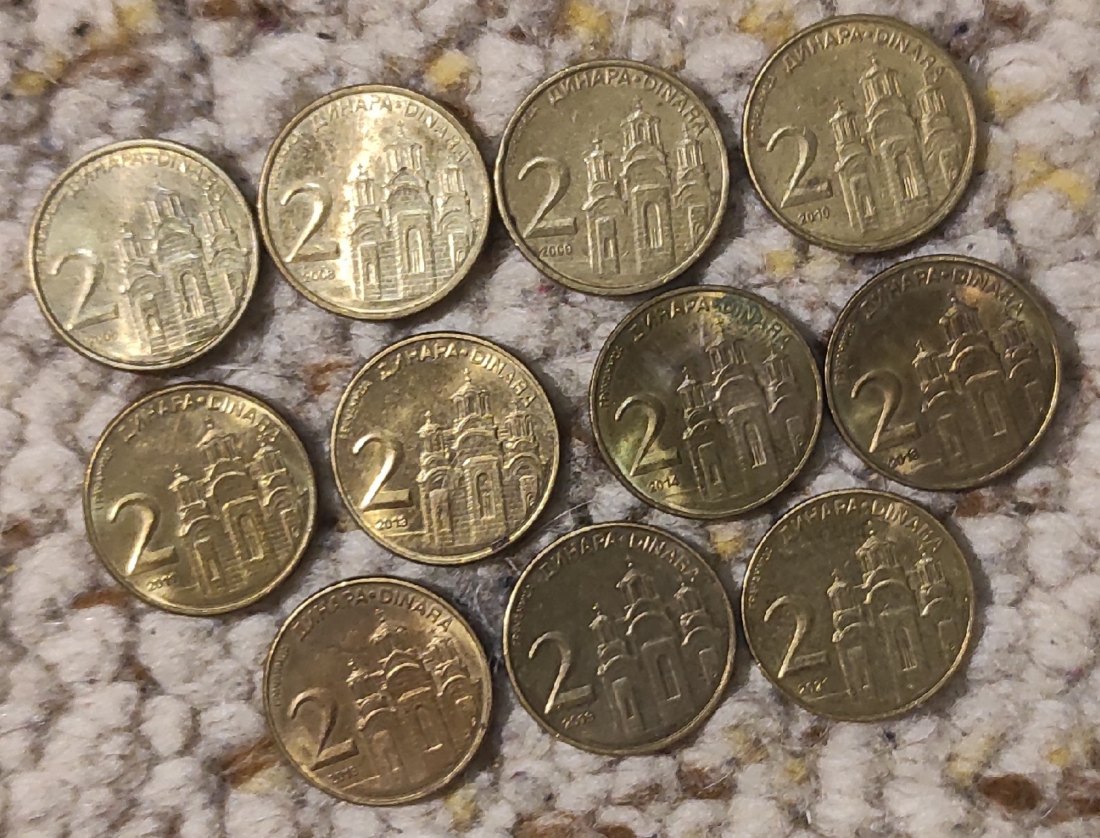  Set 011: Serbien Münzlot mit 11 x 2 Dinar Stücken mit verschiedenen Jahrgängen   