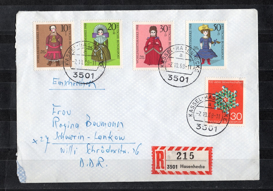  BRD 1968 Einschreiben mit Mi. 570-574 Echt gelaufen   