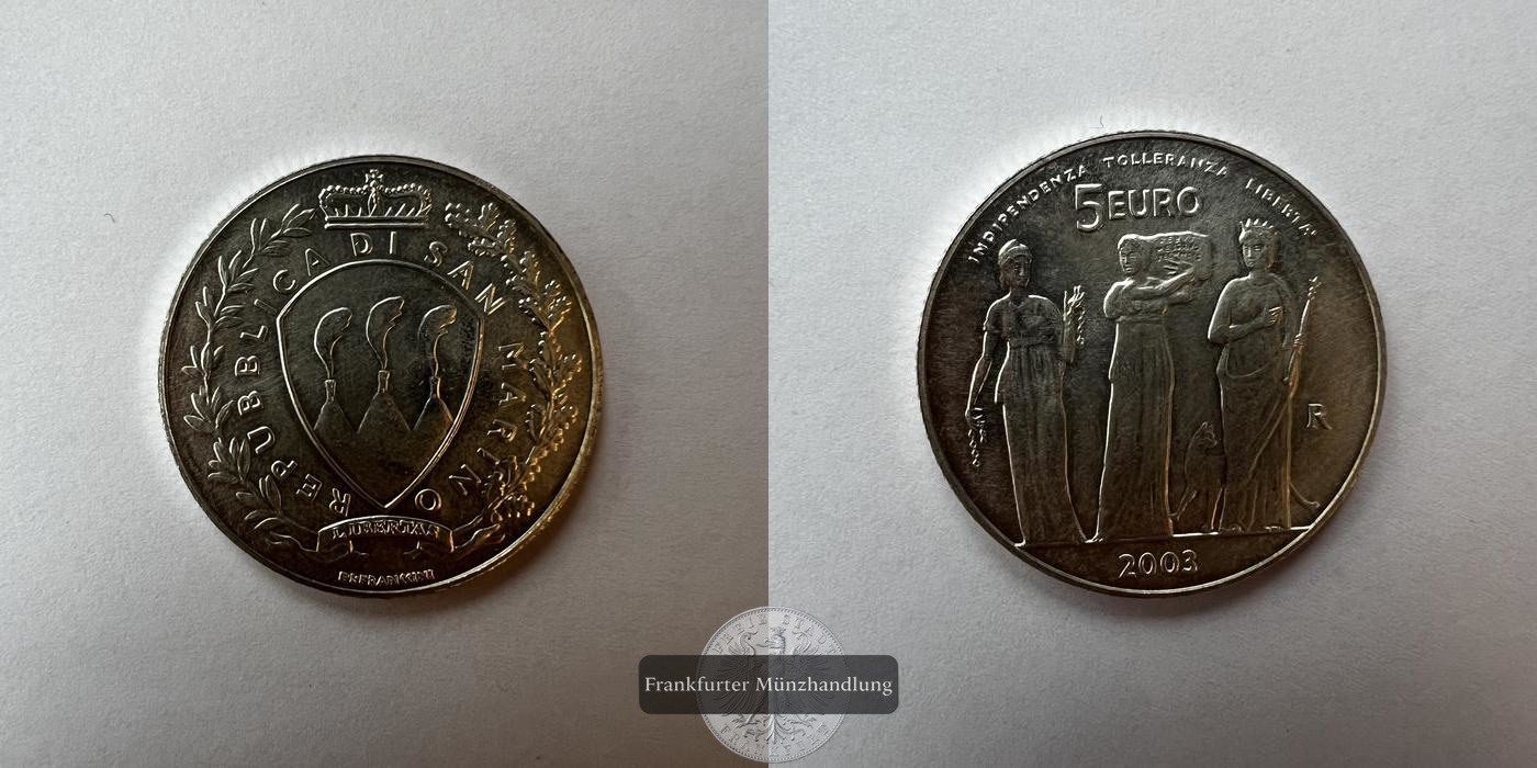  San Marino  5 Euro  2003 Unabhängigkeit, Toleranz, Freiheit  FM-Frankfurt KM#452 Feinsilber: 16,65g   