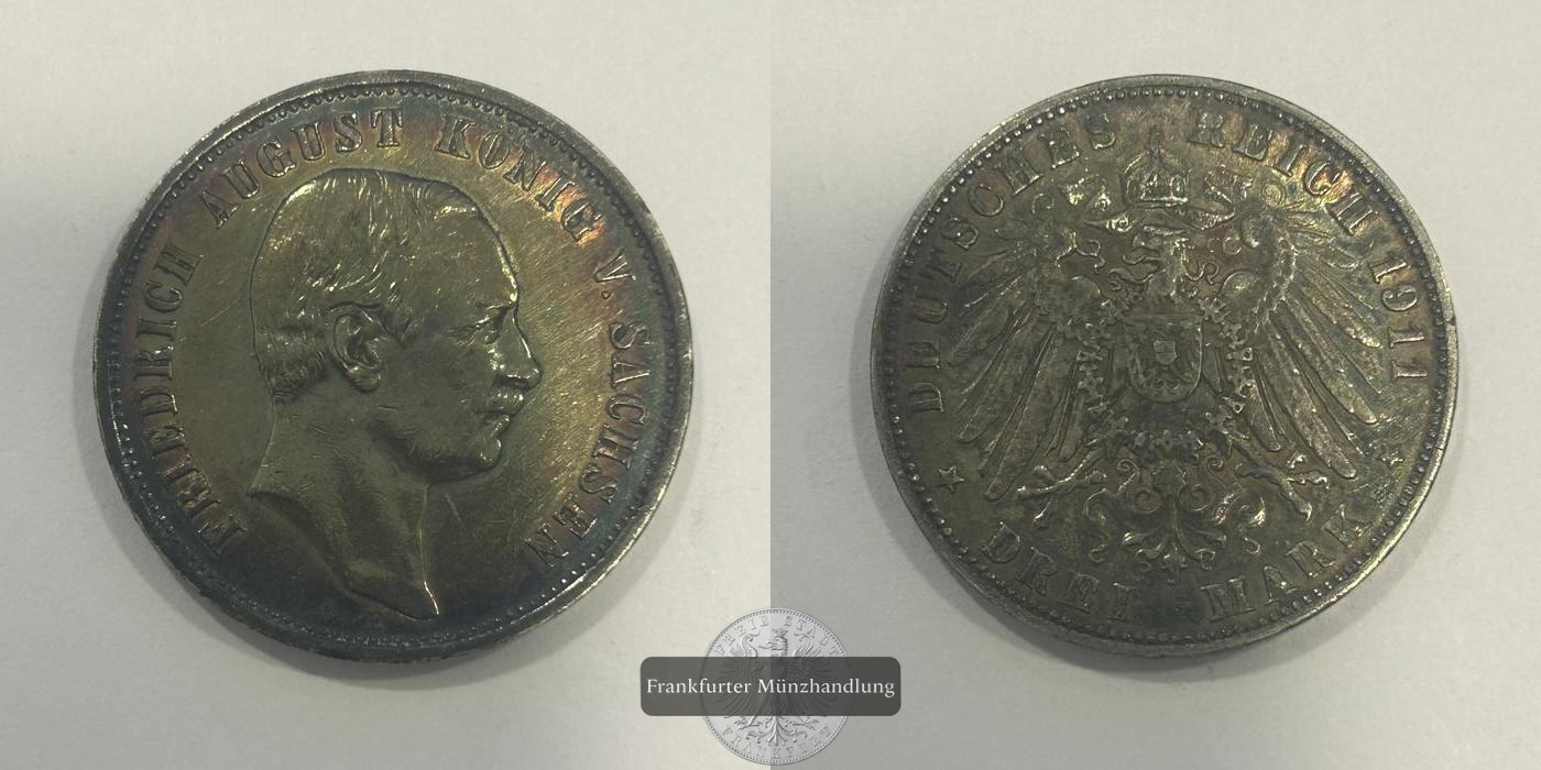  Deutschland 3 Mark - Frederick August III 1911 FM-Frankfurt KM#1267 Feinsilber: 15,000g   