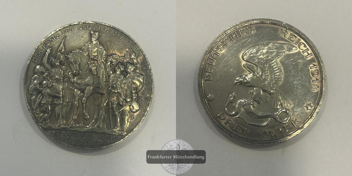  Deutschland 3 Mark - William II (Declaration of war) 1913 FM-Frankfurt KM#534 Feinsilber: 15,000g   