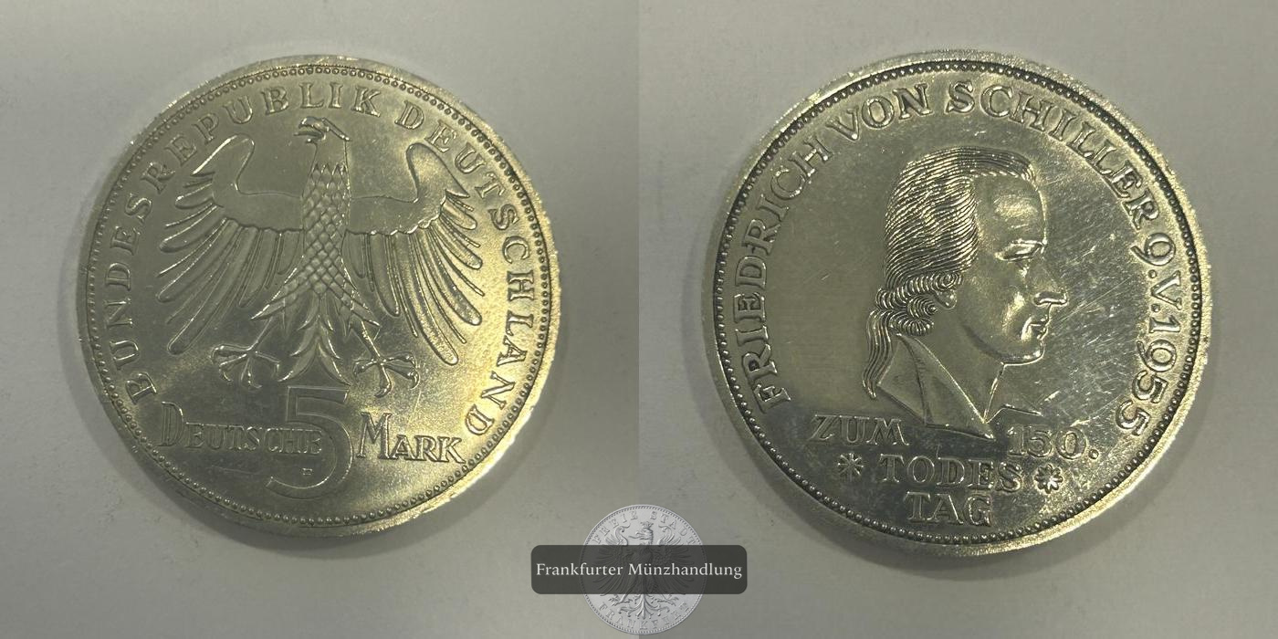  Deutschland 5 Deutsche Mark (Friedrich von Schiller) 1955 F FM-Frankfurt KM#114 Feinsilber: 7,000g   