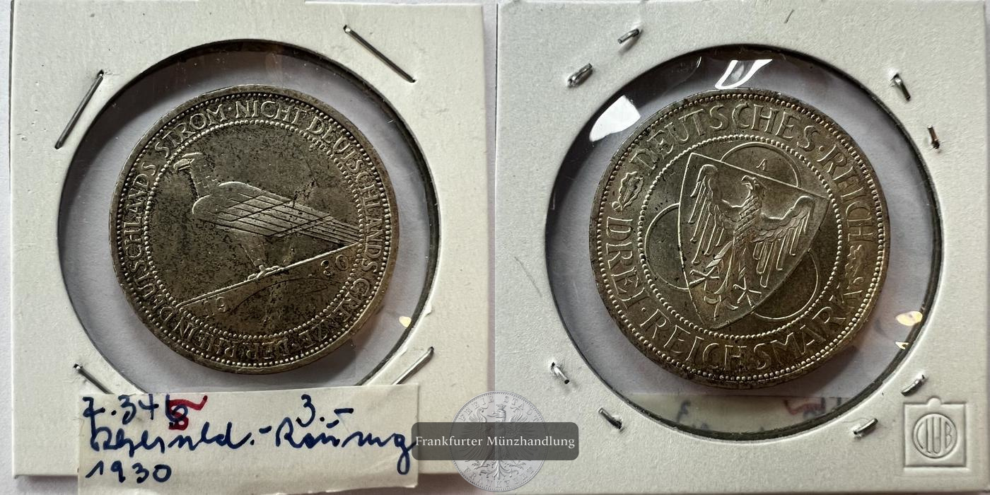  DE Weimarer Rep. 3 Reichsmark 1930 'A' FM-Frankfurt KM#70 Feinsilber: 7,5g   